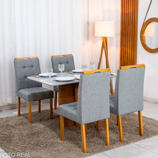 Mesa de Jantar Moscou 120x80 Vidro Off Base Cinamomo + 4 Cadeiras Londres Linho Cinza Minas Plac - Entregue Montada - Imagem 4