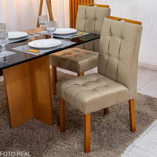 Mesa de Jantar Moscou 120x80 Vidro Preto Base Cinamomo + 4 Cadeiras Londres Veludo Avelã Minas Plac - Entregue Montada - Imagem 5