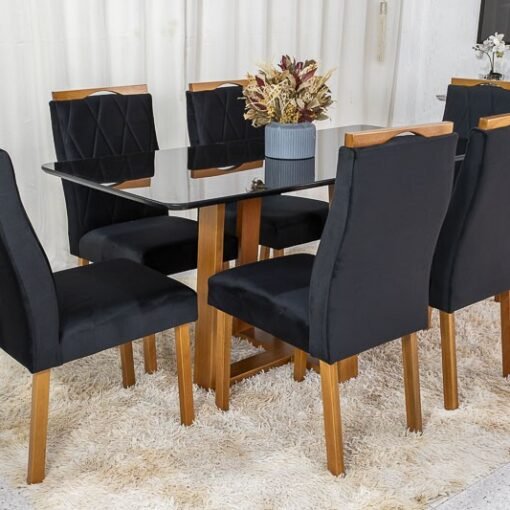 Mesa de Jantar Pedro 160x80 Mel Vidro Preto + 6 Cadeiras Lisboa Veludo Preto 504 Art Assento - Entregue Montada