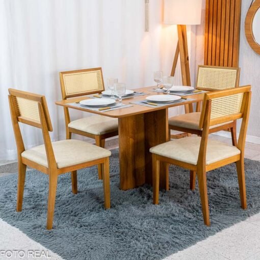Mesa de Jantar Salina 120x80 Tampo Londres Cinamomo Cel Móveis + 4 Cadeiras Ava Corino Creme 307 Estrutura Madeira Prensar - Entregue Montada