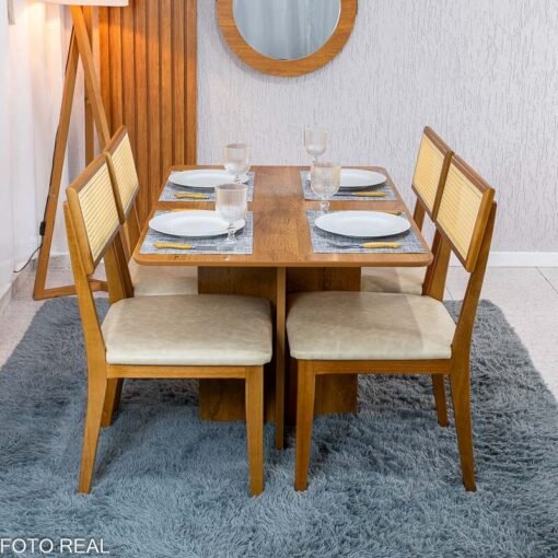 Mesa de Jantar Salina 120x80 Tampo Londres Cinamomo Cel Móveis + 4 Cadeiras Ava Corino Creme 307 Estrutura Madeira Prensar - Entregue Montada - Imagem 4