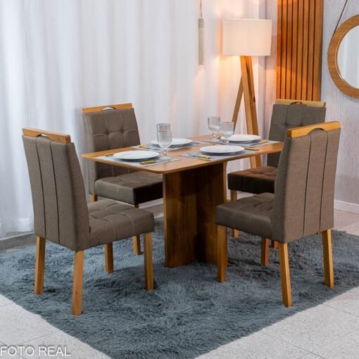 Mesa de Jantar Salina 120x80 Tampo Londres Cinamomo Cel Móveis + 4 Cadeiras Sophia Linho Marrom 207 Estrutura Madeira WM Decor - Entregue Montada