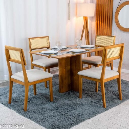 Mesa de Jantar Salina 120x80 Tampo Londres Cinamomo Cel Móveis + 4 Cadeiras Ava Linho Aveia 106 Estrutura Madeira Prensar - Entregue Montada