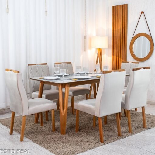Mesa de Jantar Siena 160x90 Vidro Off Base Madeira + 6 Cadeiras Lisboa Veludo Bege 512 Art Assento - Entregue Montada