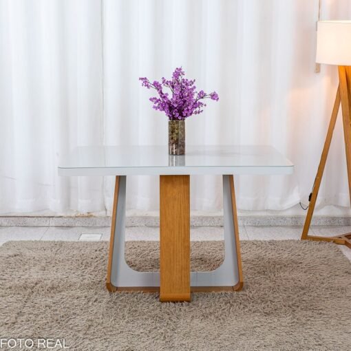 Mesa de Jantar Sintonia 120x80 Tampo Vidro Off Base Amêndoa/Off Lopas + 4 Cadeiras Sophia Linho Bege 200 WM Decor - Entregue Montada - Imagem 8