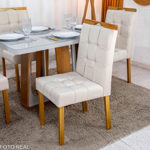 Mesa de Jantar Sintonia 120x80 Tampo Vidro Off Base Amêndoa/Off Lopas + 4 Cadeiras Sophia Linho Bege 200 WM Decor - Entregue Montada - Imagem 4