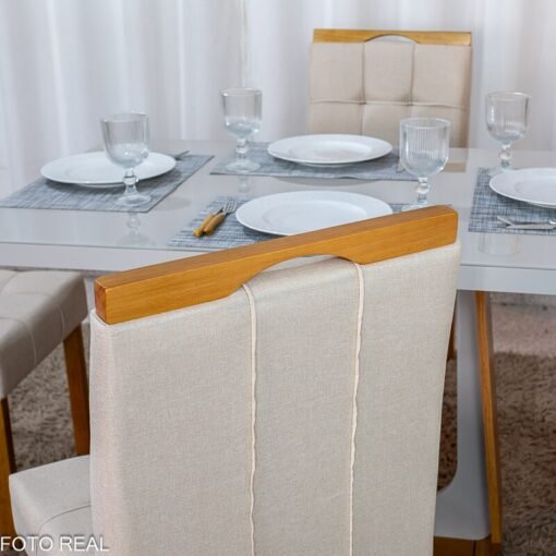 Mesa de Jantar Sintonia 120x80 Tampo Vidro Off Base Amêndoa/Off Lopas + 4 Cadeiras Sophia Linho Bege 200 WM Decor - Entregue Montada - Imagem 5
