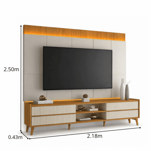 Alternative view of Rack Magnífico 212 Larg. 2.18m + Painel Magnífico 220 Nature/Off C/LED e Detalhe Ripado para TV até 85" - Gelius