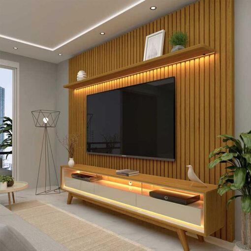 Rack Requinte 2.12m Naturale/off C/ Led 100% MDF + Painel Nobre Ripado 2.30m Naturale 100% MDF C/ Led TV até 85" - Gelius