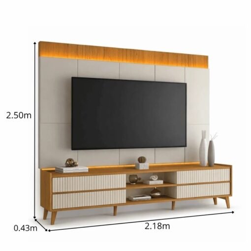 Sofá 3 lugares 8100 2,00m Linho Bege 24 + Rack 2,18m Magnífico 212 + Painel Magnífico 220 Nature/Off com LED e Ripado TV até 85" - Gelius - Imagem 3