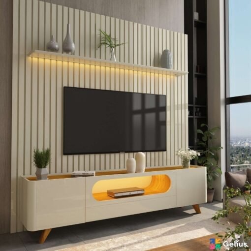 Rack Nobre 2.10m Off/Naturale C/ Led + Painel Nobre Ripado 2.30m Off C/ Led TV até 85 Polegadas - Gelius