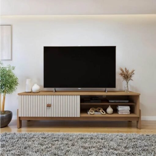 Rack Bancada 1,64m Ouro Preto Cinamomo/Off com Detalhe Frisado para TV até 65" - Valdemóveis