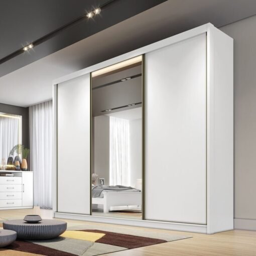 Guarda-roupa Casal 2,41m Diamond Plus Neve Fosco 3 Portas 8 Gavetas 100% MDF com 1 Espelho - Novo Horizonte