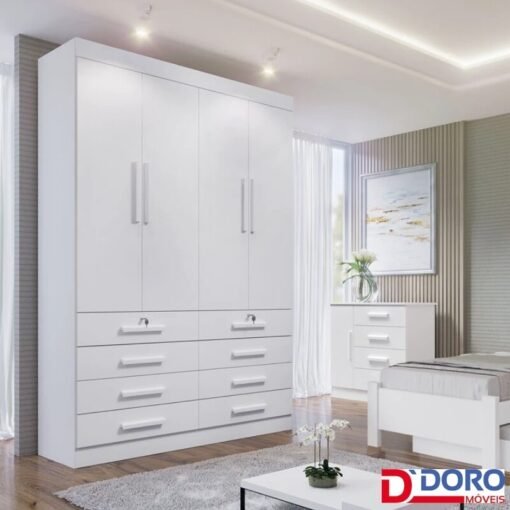 Guarda-roupa Solteiro 1,60m Mônaco Plus Branco 4 Portas 8 Gavetas 100% MDF - D Doro