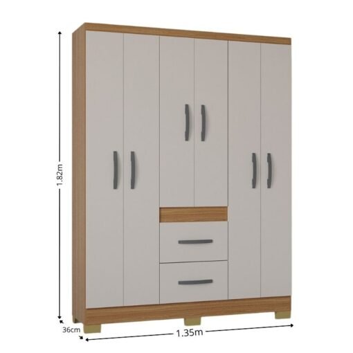 Guarda-roupa Solteiro 1,35m Milão Cinamomo/Off 6 Portas 2 Gavetas com Pés - Poquema - Imagem 3