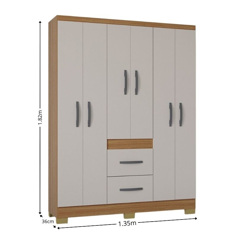 Guarda-roupa Solteiro 1,35m Milão Cinamomo/Off 6 Portas 2 Gavetas com Pés - Poquema - Imagem 3