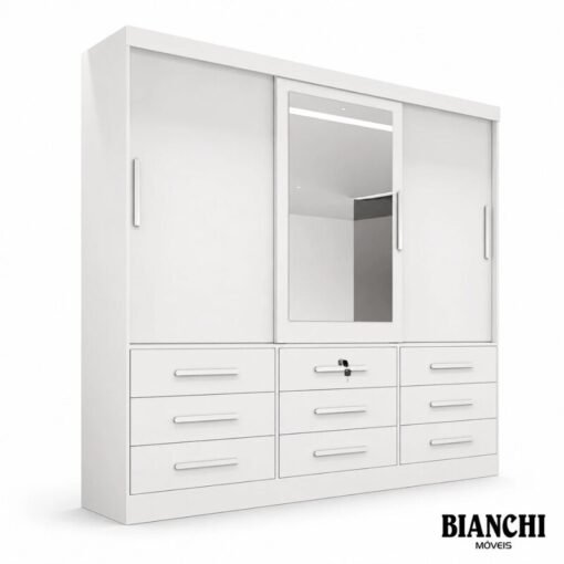 Guarda-roupa Casal 2,11m Turim Plus Branco 3 Portas 9 Gavetas 100% MDF - Bianchi