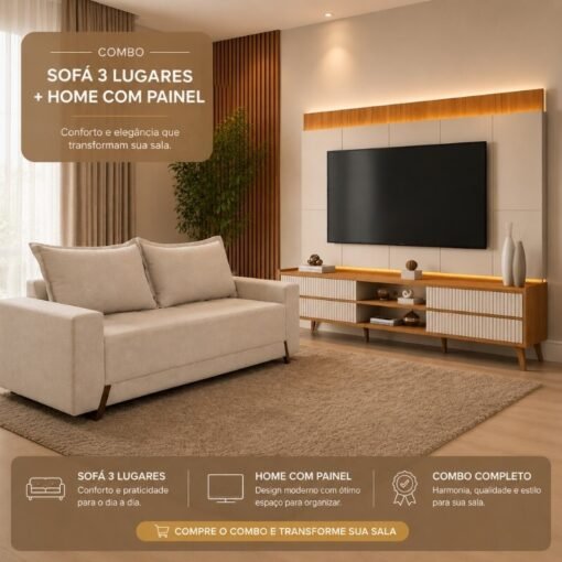 Sofá 3 lugares 8100 2,00m Linho Bege 24 + Rack 2,18m Magnífico 212 + Painel Magnífico 220 Nature/Off com LED e Ripado TV até 85" - Gelius
