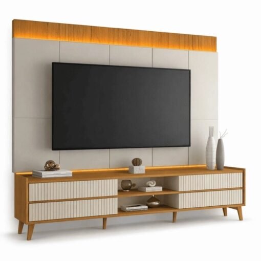 Sofá 3 lugares 8100 2,00m Linho Bege 24 + Rack 2,18m Magnífico 212 + Painel Magnífico 220 Nature/Off com LED e Ripado TV até 85" - Gelius - Imagem 11