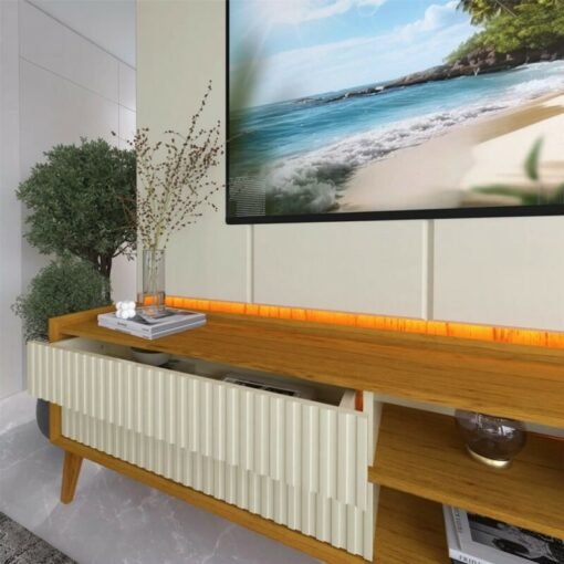 Sofá 3 lugares 8100 2,00m Linho Bege 24 + Rack 2,18m Magnífico 212 + Painel Magnífico 220 Nature/Off com LED e Ripado TV até 85" - Gelius - Imagem 13