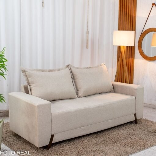 Sofá 3 lugares 8100 2,00m Linho Bege 24 + Rack 2,18m Magnífico 212 + Painel Magnífico 220 Nature/Off com LED e Ripado TV até 85" - Gelius - Imagem 4