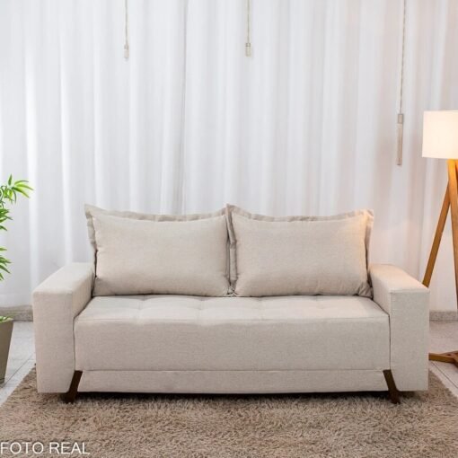 Sofá 3 lugares 8100 2,00m Linho Bege 24 + Rack 2,18m Magnífico 212 + Painel Magnífico 220 Nature/Off com LED e Ripado TV até 85" - Gelius - Imagem 6