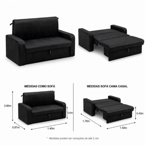 Sofá Cama Daiane Veludinho Preto 379/451 com Baú - 1,40m - Imagem 3