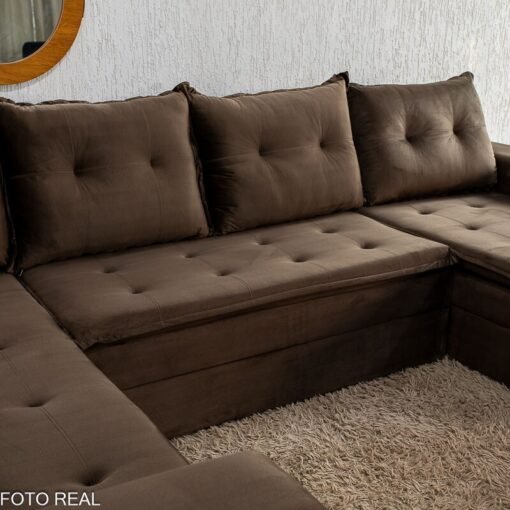 Sofá de Canto Atalanta 3.20 m Chaise Lado Esquerdo Veludo Marrom 204/06 - Imagem 6