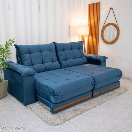 Sofá Retrátil Reclinável Barcelona 2,30m Veludo Azul 325 - D33 e Molas Ensacadas