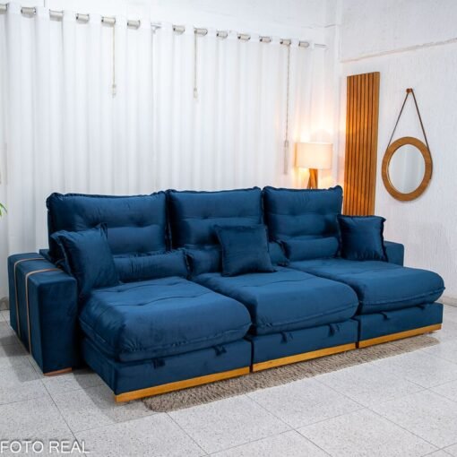 Sofá Retrátil Reclinável Mônaco 3,20m Veludo Azul A16 - Molas Ensacadas