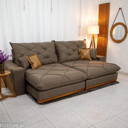 Sofá Retrátil Reclinável Malibu 2,90m Linho Marrom 1007 - D33 e Molas Ensacadas